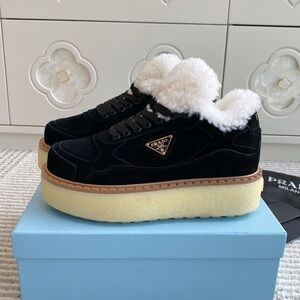 Prada Black Suede Boots with White Shearling